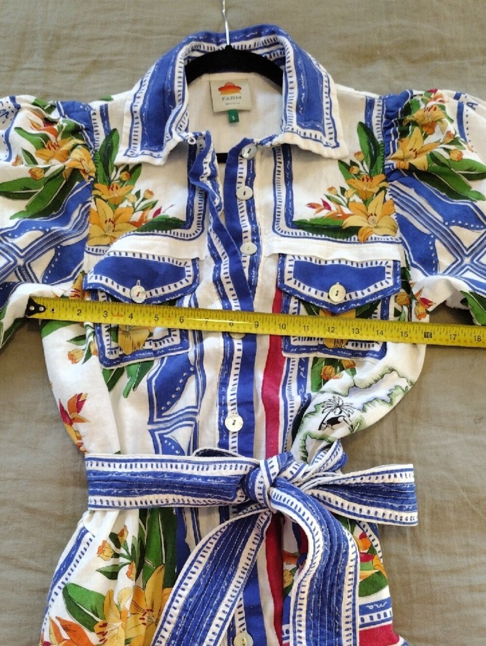Farm Rio Tropical Destination Print Belted Linen Blend Shirt Dress - Small - Picture 7 of 7